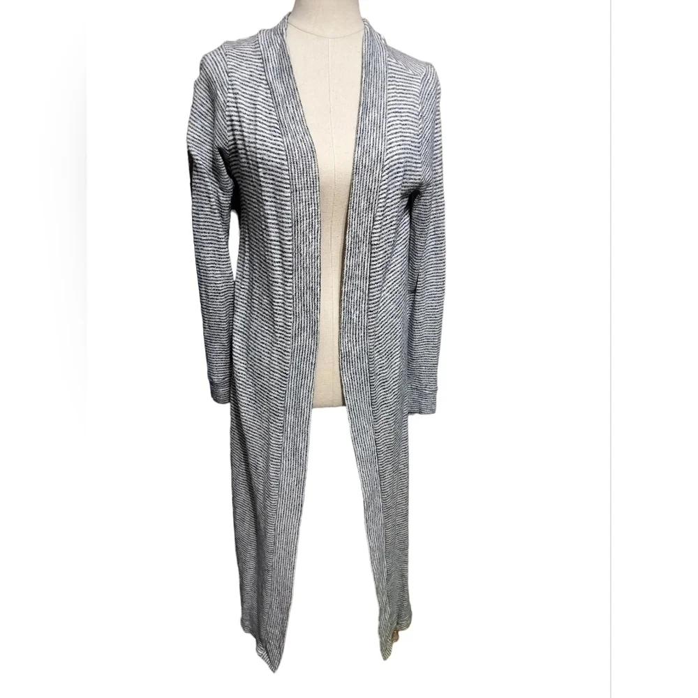 1826) LOFT Long Open Striped Gray Cream Cardigan Sweater Size Medium